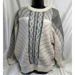Juice vintage cable Knit patchwork leather Striped Sweater Long Sleeve XL